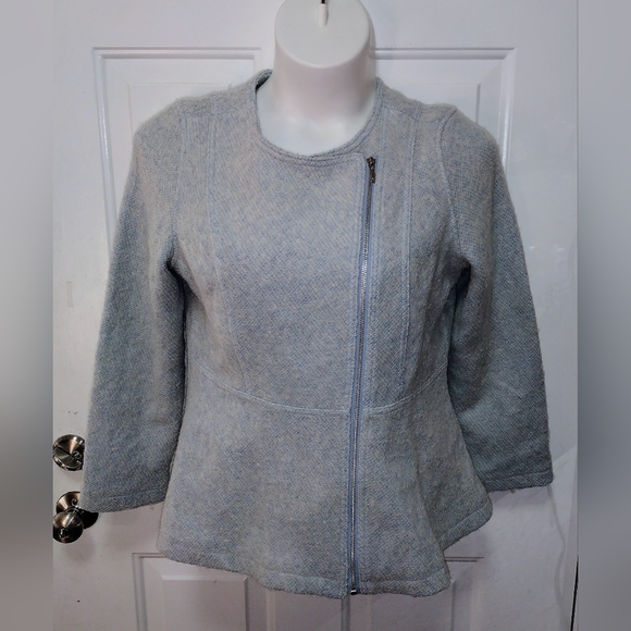 Isaac Mizrahi Blue Textured Peplum Moto Zip Front Wool Blend Jacket Sz M - Picture 8 of 10
